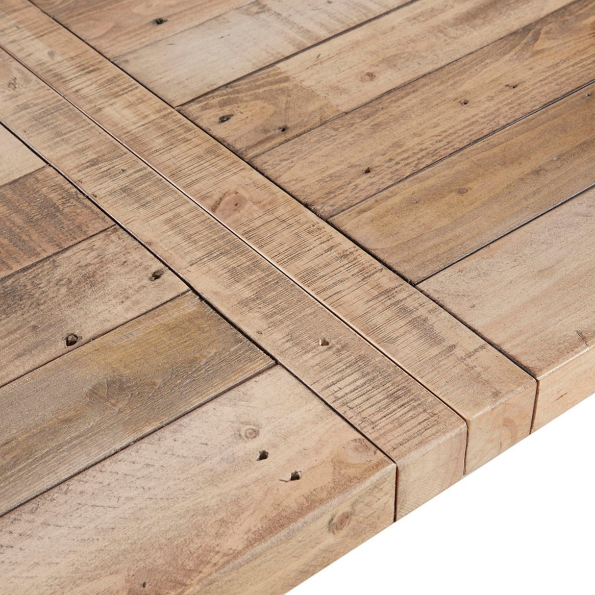 Rustic Dining Table with Metal Support in Natural Pine Wood Finish