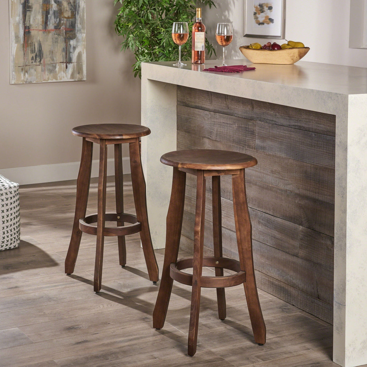 Primrose - Outdoor Acacia Wood Barstools With Foot Rest, (Set of 2) - Dark Brown