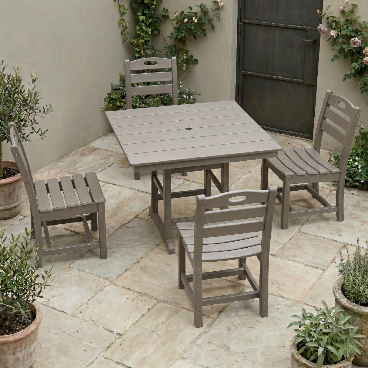 Antique Wood Color HDPE 5-Piece Outdoor Patio Dining Set