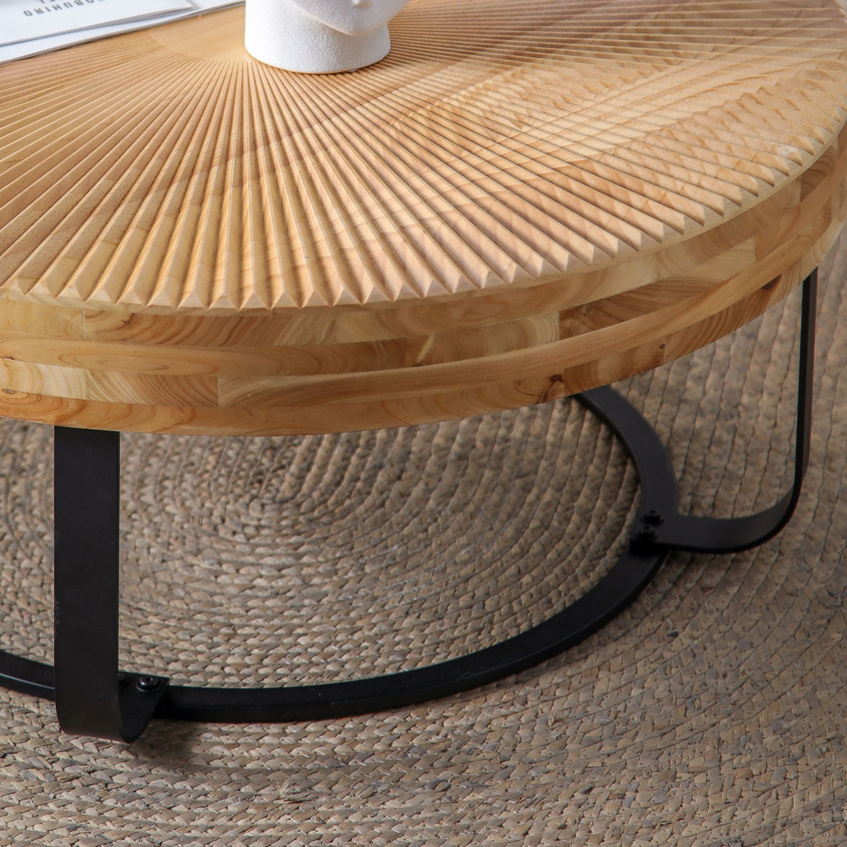 Modern Round Coffee Table with Wooden Carving Pattern and Metal Legs