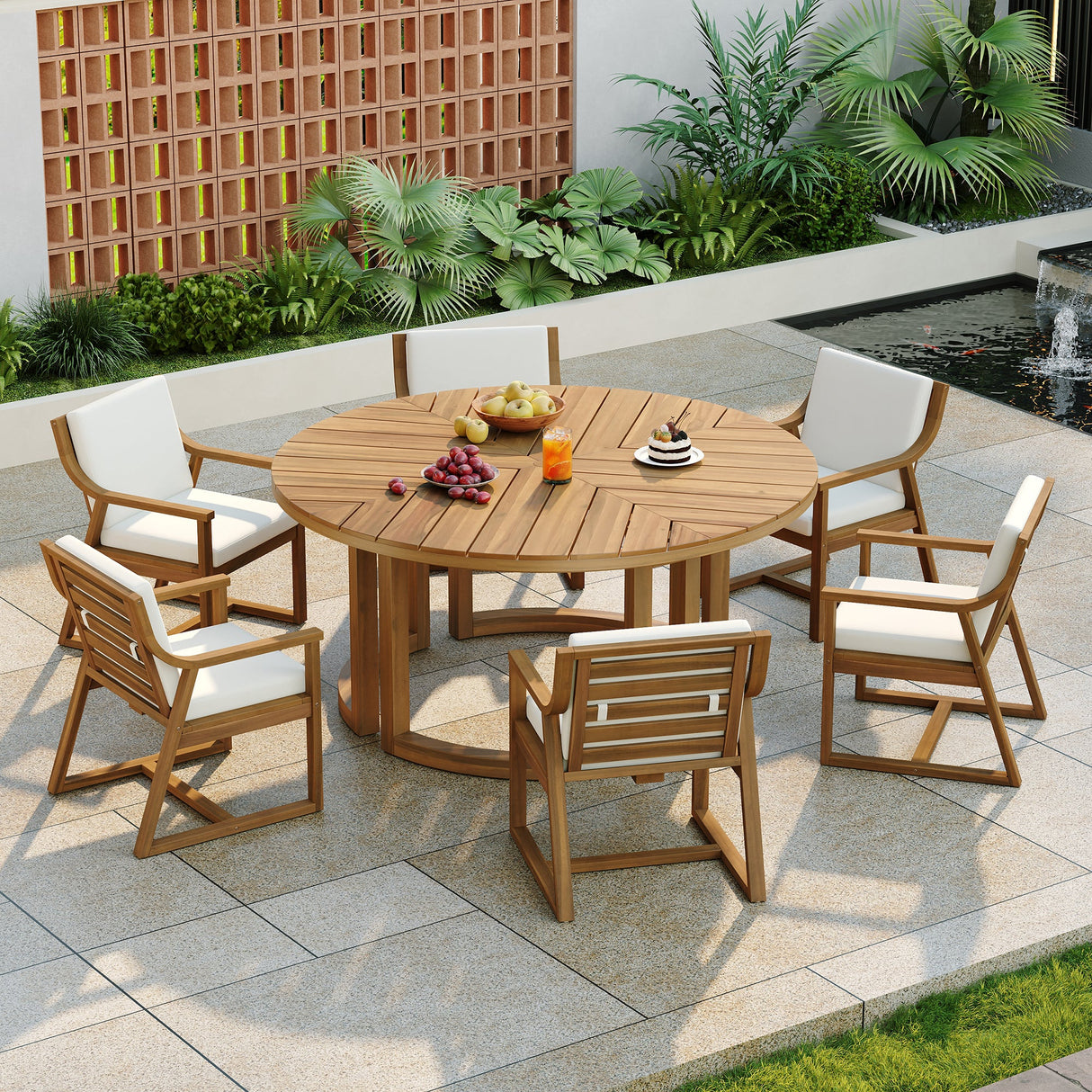 TREXM Patio Dining Table Set for 6, Round Dining Table with Cushions