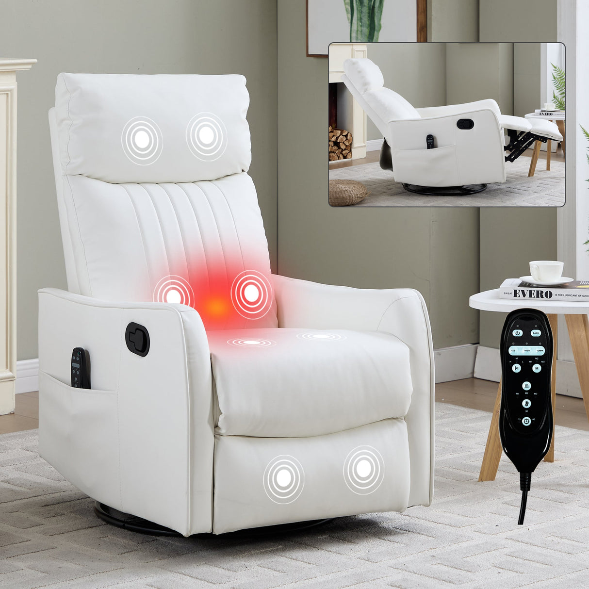 White Heat Massage Manual Recliner Chair with Rocker and Swivel in Faux Leather