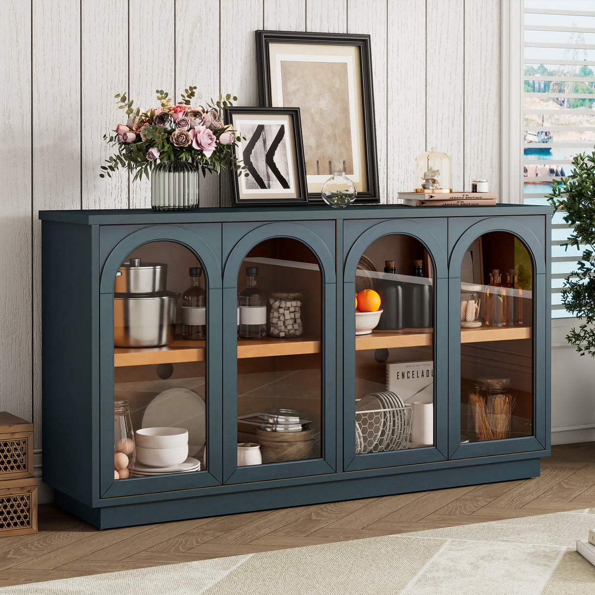 Arched Storage Cabinet with Glass Doors