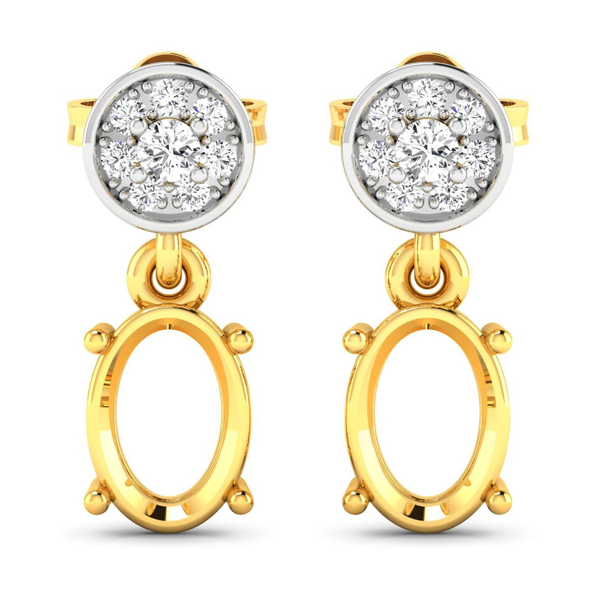 0.11 Carat Genuine White Diamond 14K Yellow Gold Semi Mount Earrings - holds 7x5mm Oval Gemstones