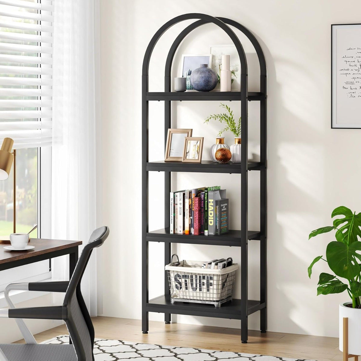 Tall 4 Tier Arched Open Bookshelf Storage Rack - Black