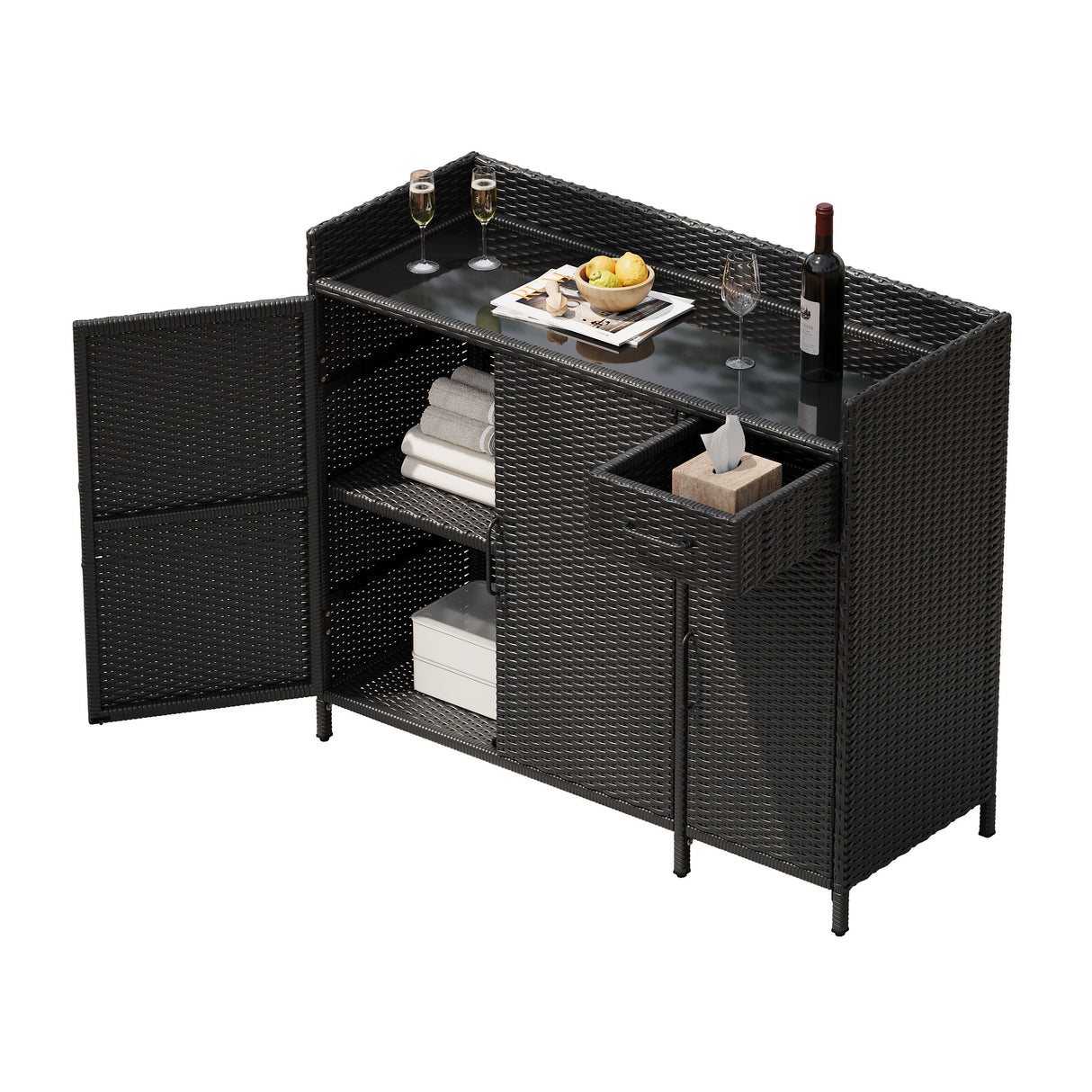 K&K 47.5"W Wicker Outdoor Storage Cabinet with Tempered Glass Desktop