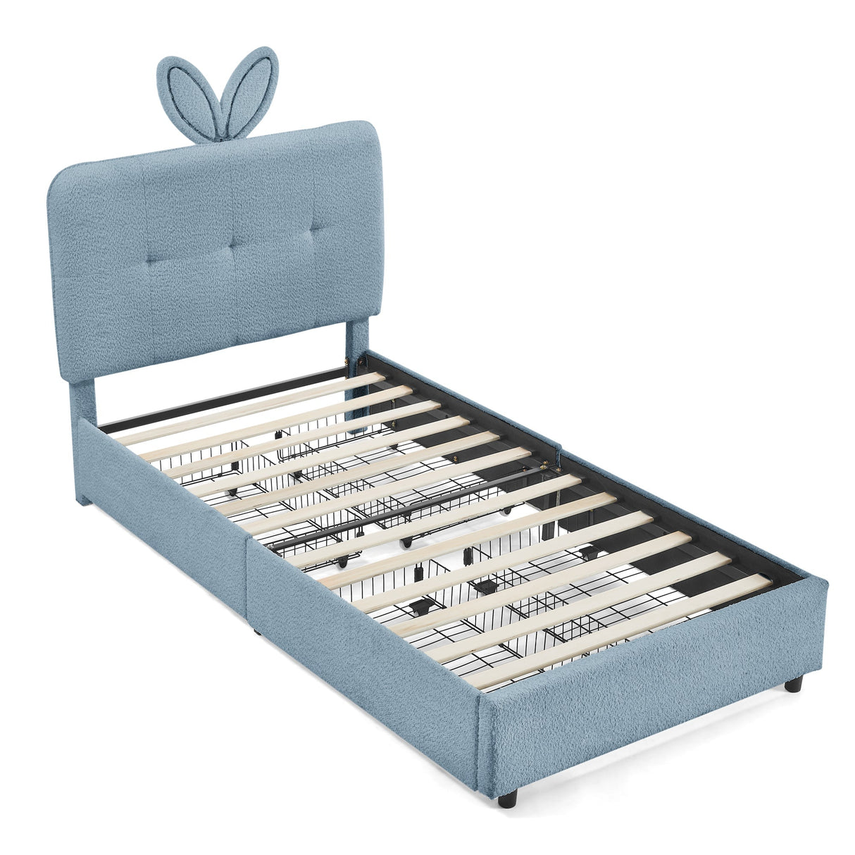 Twin Size Kids Upholstered Bed with Oversized Rabbit Ear Headboard, LED Light & 4 Storage Drawers, Boucle Fabric (79.5''X40.75''X41'')
