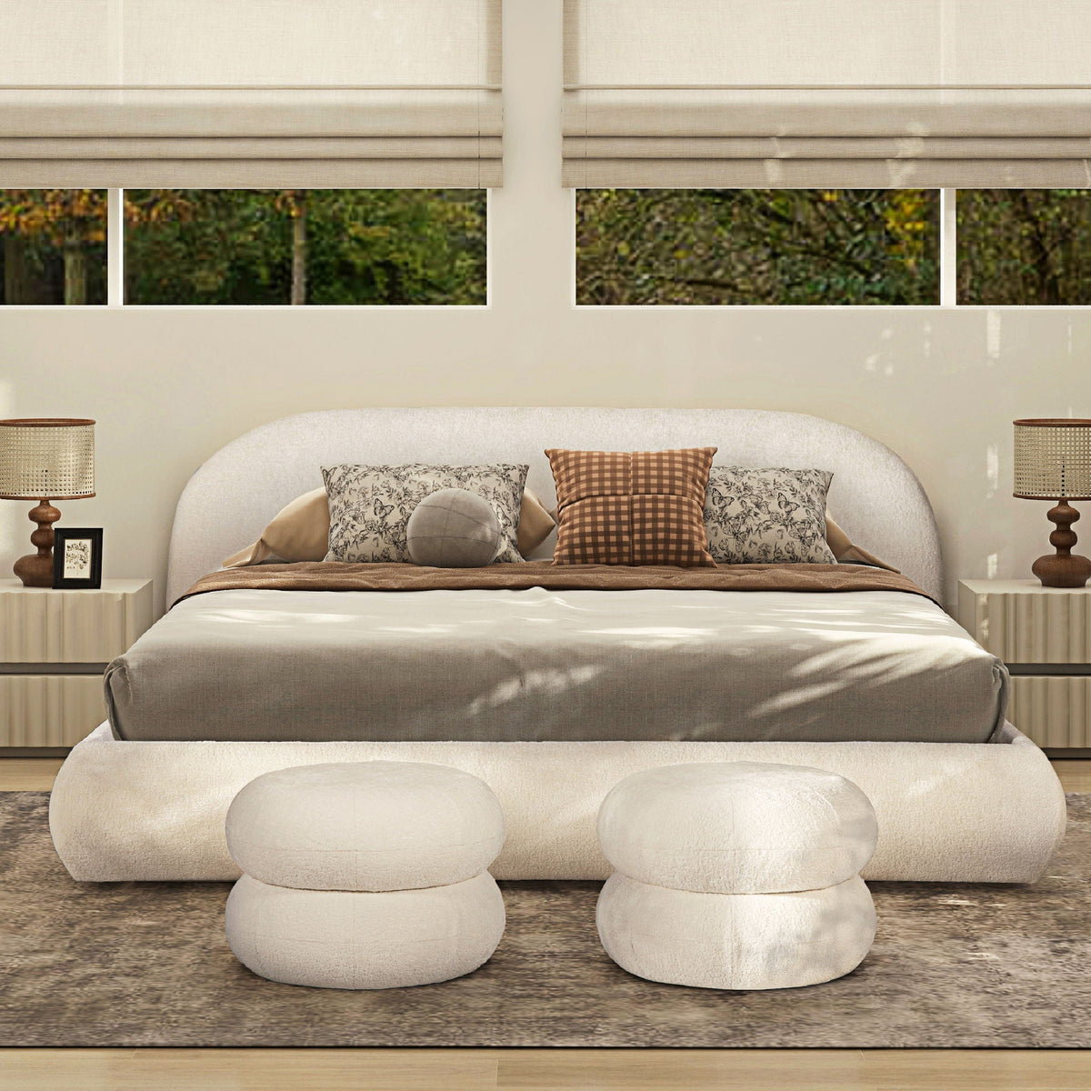 Archie Puffy Grounded Upholstered Platform Bed with Rounded Headboard - Green, White, Beige