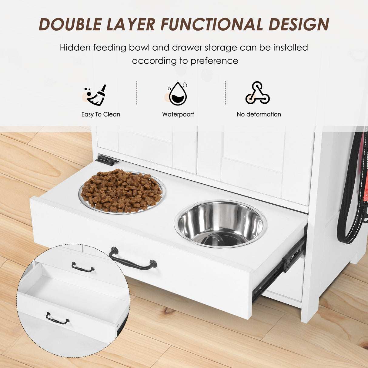 Dog Feeding Station Double Door Locker with 2 Adjustable Dog Bowls - White