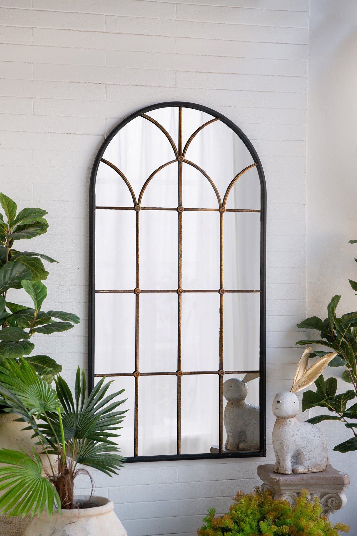 34x65.5' Arched Full-Length Mirror with Black and Gold Windowpane Design