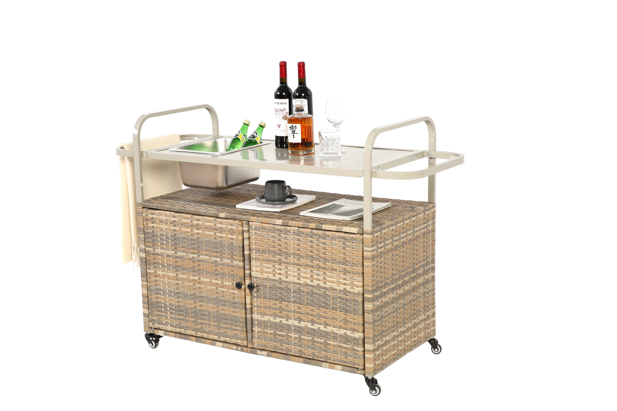 Outdoor Bar Table with Wicker Cabinet and Steel Top