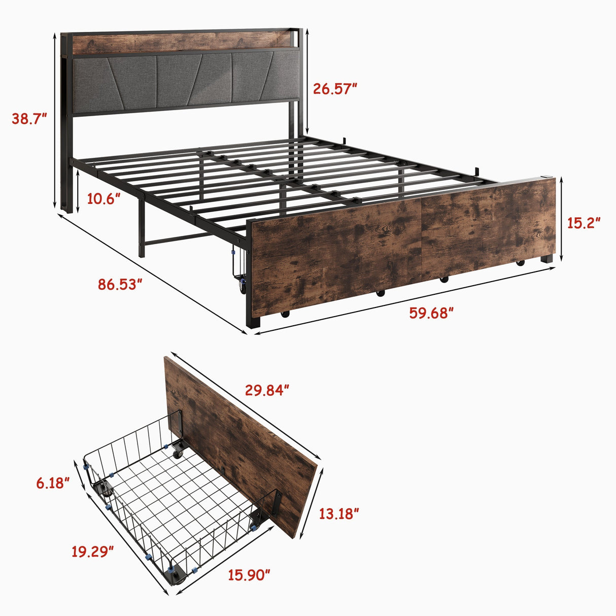 Upholstered Platform Bed with Storage and Charging Station in Vintage Brown and Gray