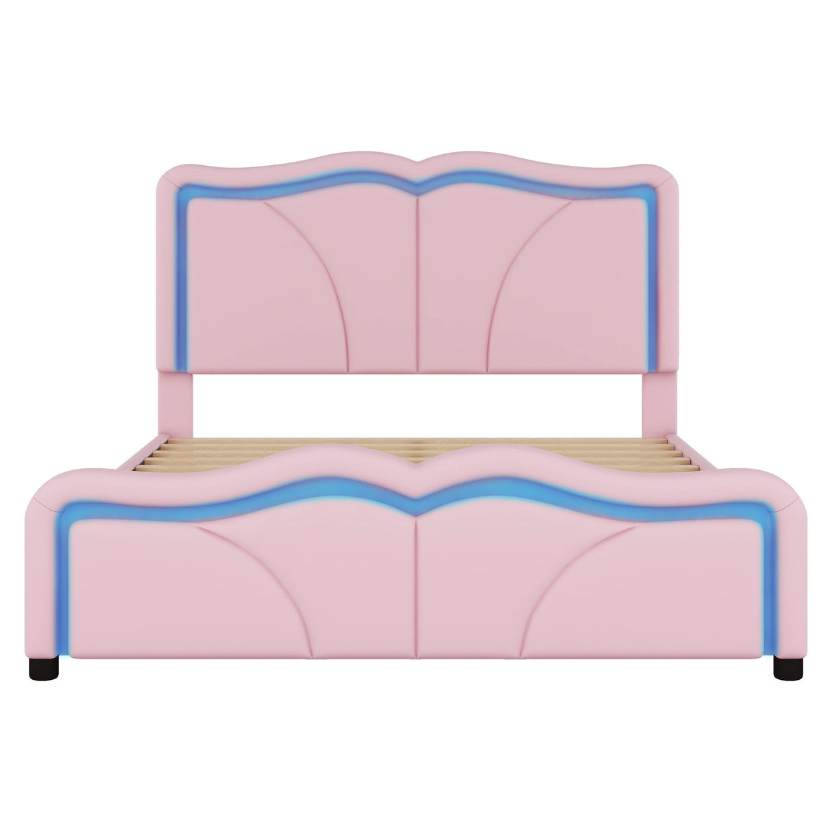 Upholstered Platform Bed & Curve Shaped And Height Adjustable Headboard, LED Light Strips