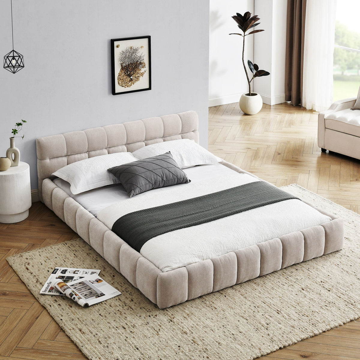 Modern Platform Bed Frame With Thick Fabric