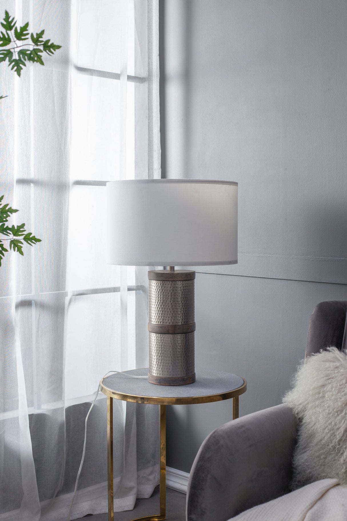 D16x24.4" Hammered Iron Table Lamp with Mango Wood
