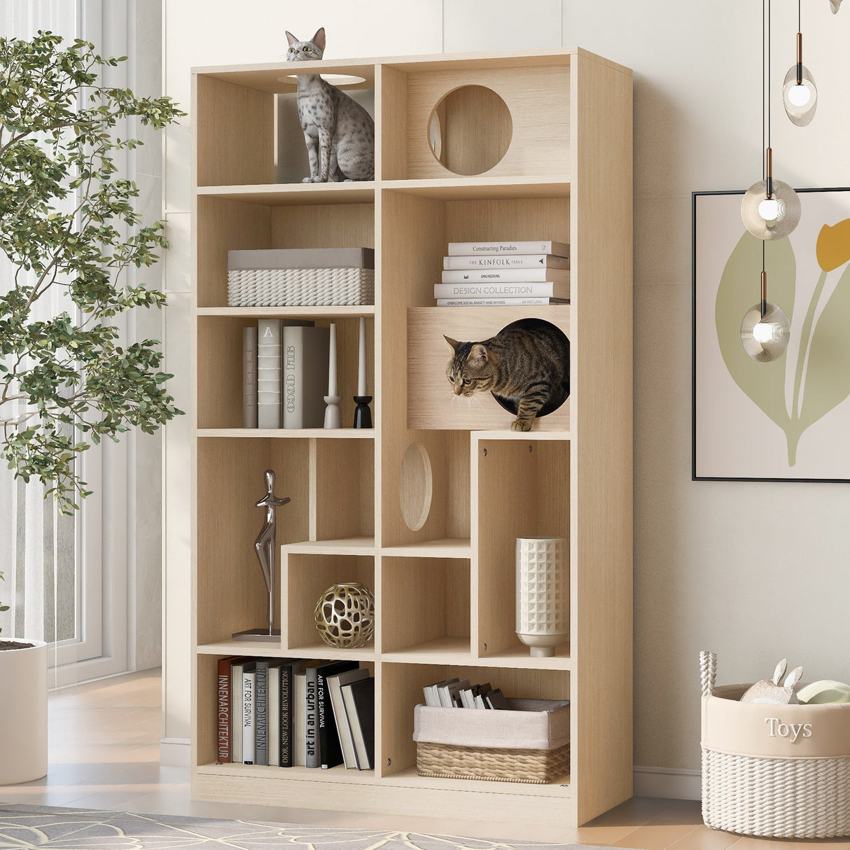 Furniture Style Cat Bookcase Cat Tree Shelves Natural Particle Board MDF 63.5 Inch