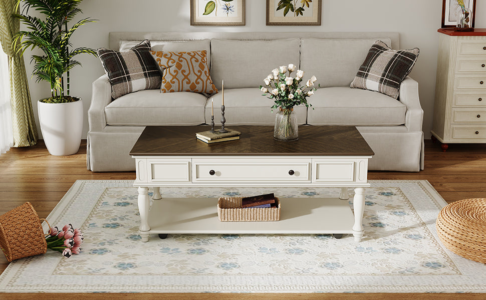 Farmhouse Coffee Table with One DrawerGrey+White