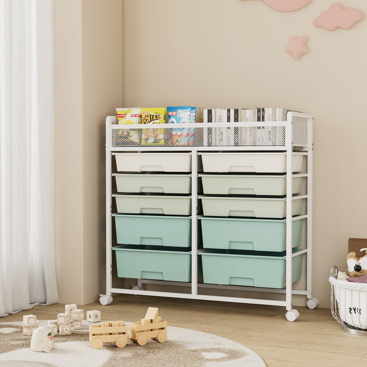 White Large Capacity 2-Row 10-Drawer Rolling Storage Cart