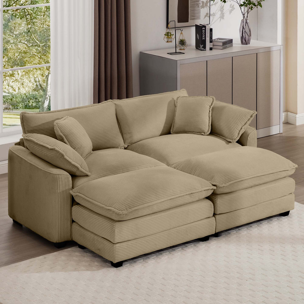 Modern Modular Cushion Sofa Set with Ottoman - Fabric, Multiple Colors