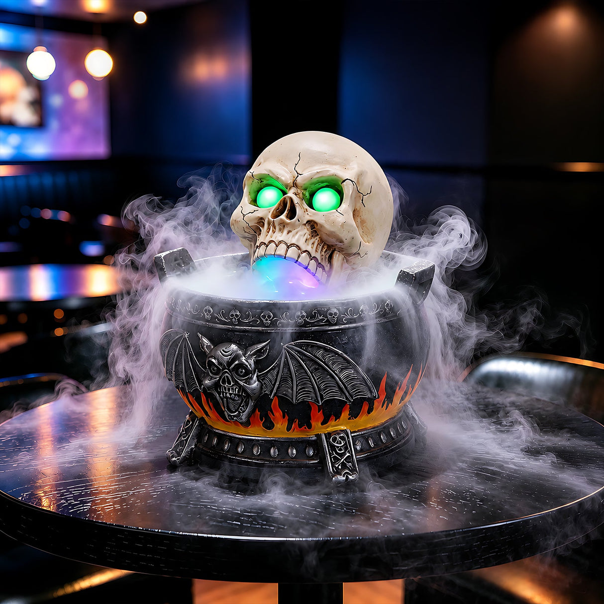 Halloween Skull Cauldron Statue with LED Light and Smoke Fog Effect