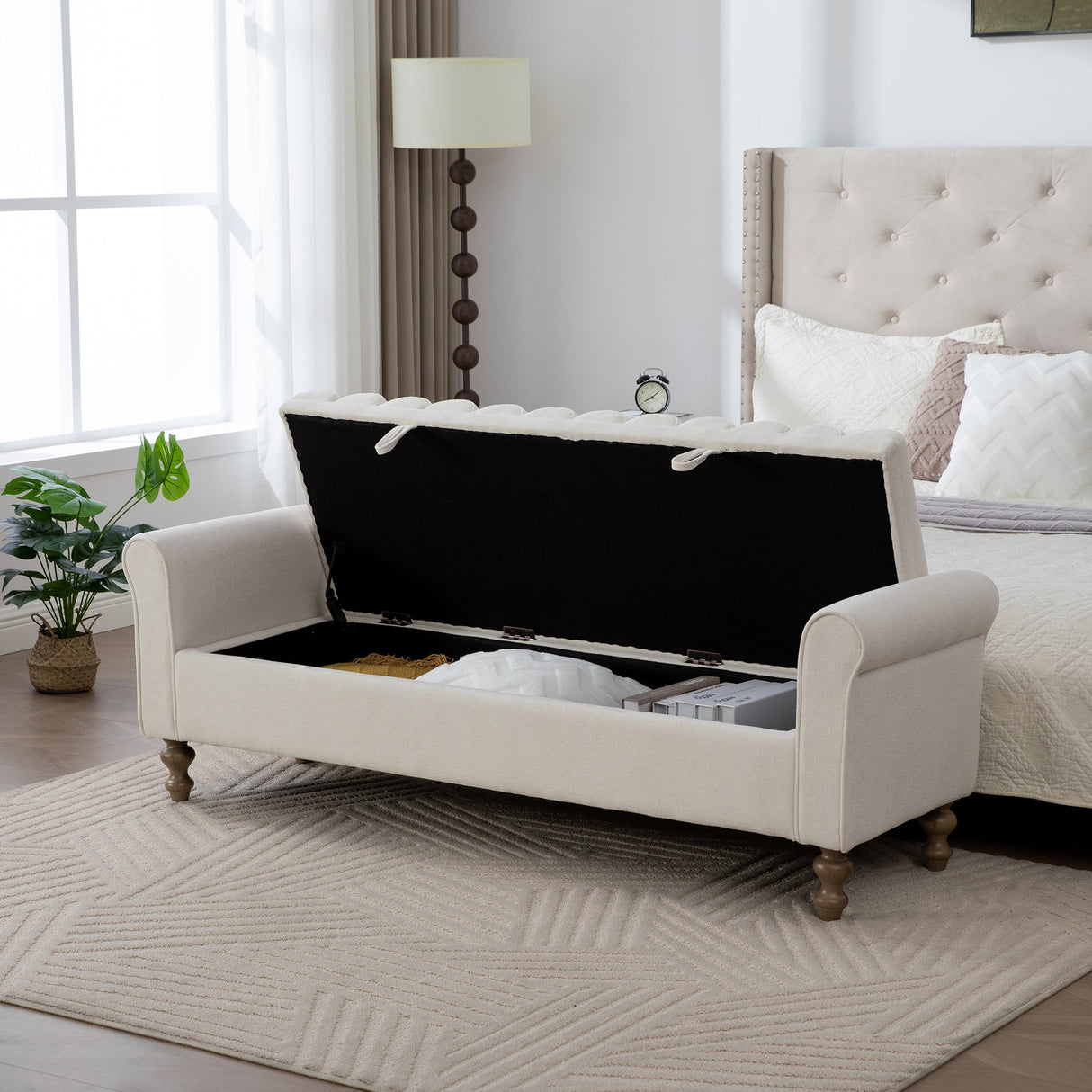 65.55' Wide Modern Upholstered Storage Bench with Rolled Armrest