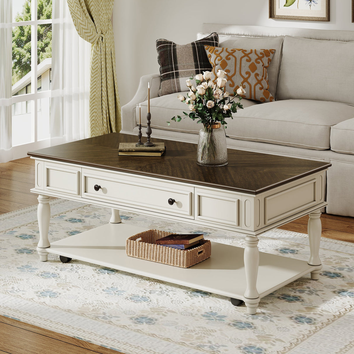 Farmhouse Coffee Table with One Drawer in Grey and White