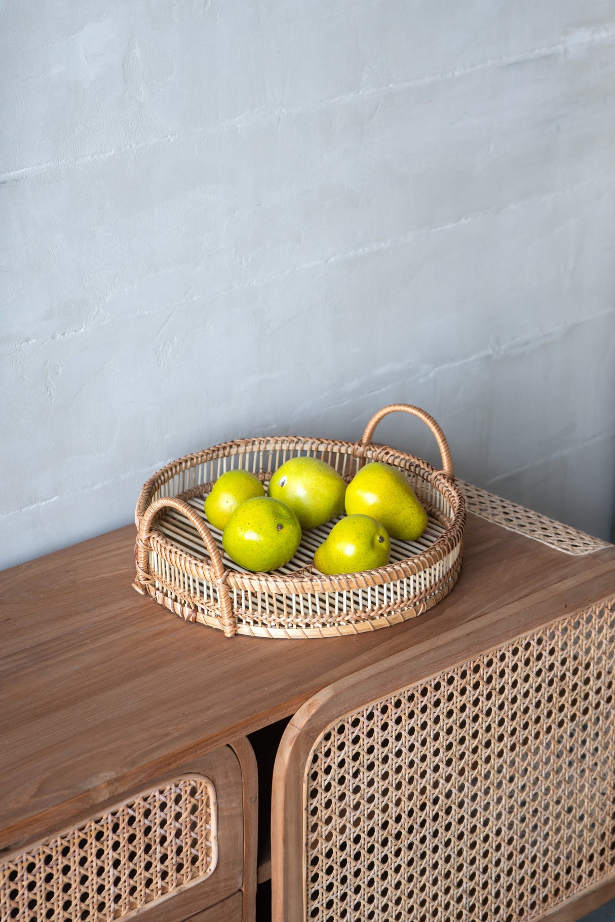 Set of 3 Round Decorative Brown Bamboo Woven Trays with Handles