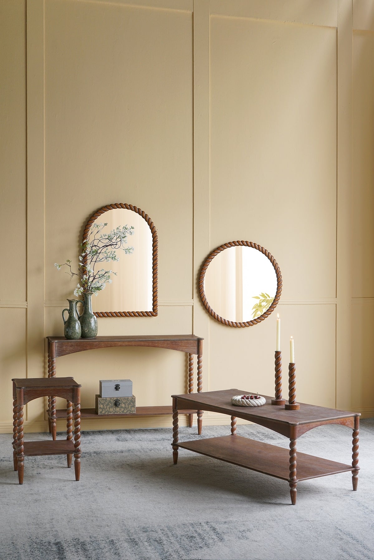 Rustic Brown Wood Coffee Table with Turned Spiral Legs and Lower Shelf