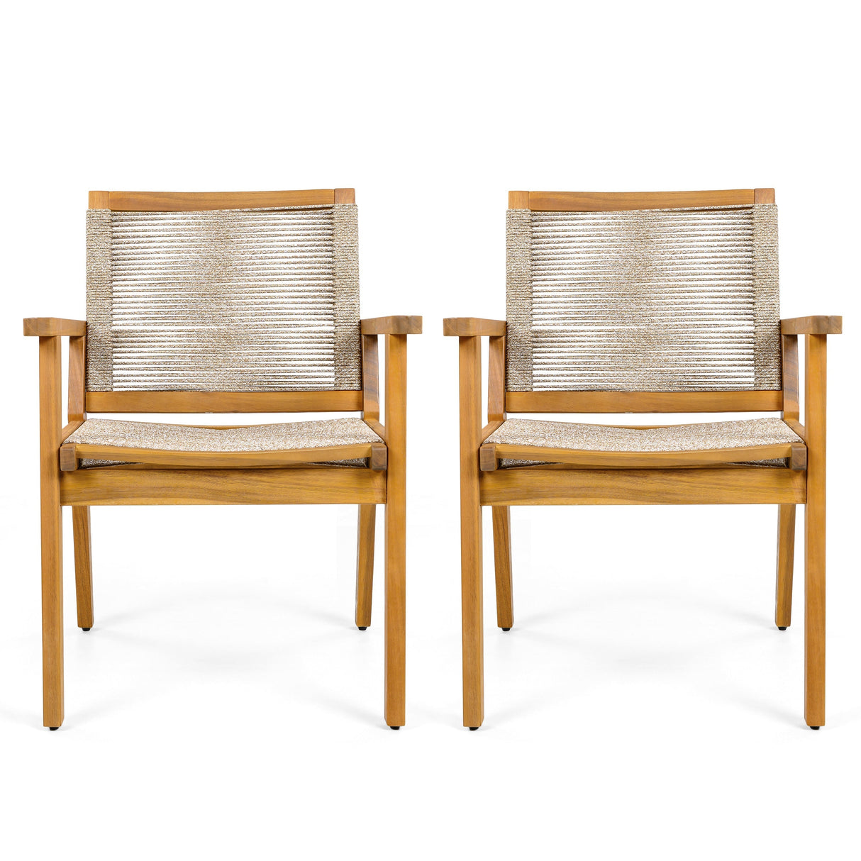 Outdoor Dining Chairs Set of 2 with Teak Finish Wood Frame and Brown Rope