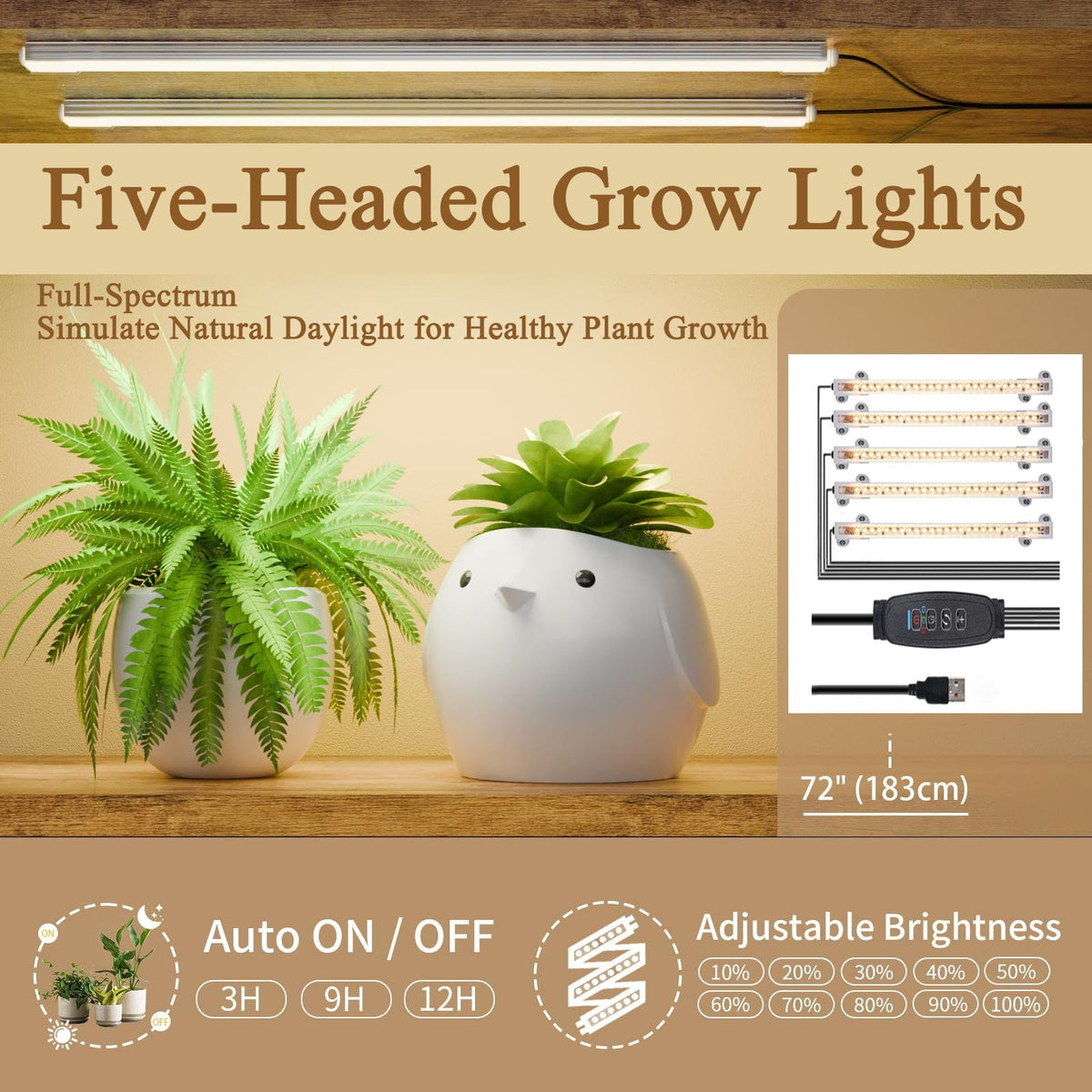 8 Tier Indoor Plant Stand With 5 Grow Lights - Rustic Brown