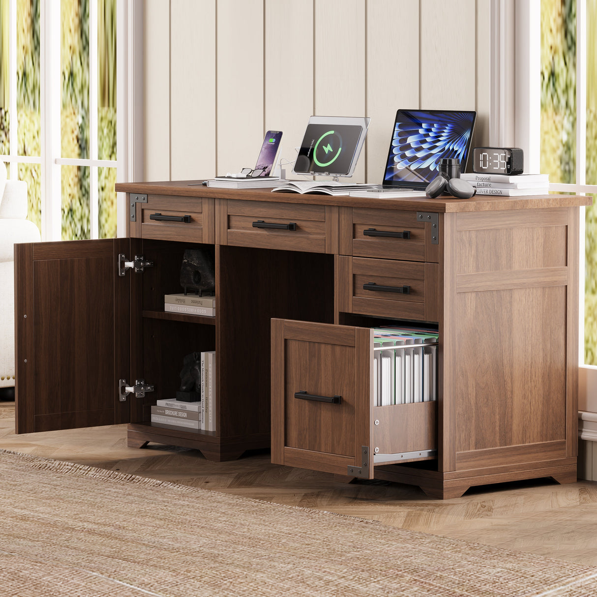 55" Farmhouse Executive Desk with Charging Station