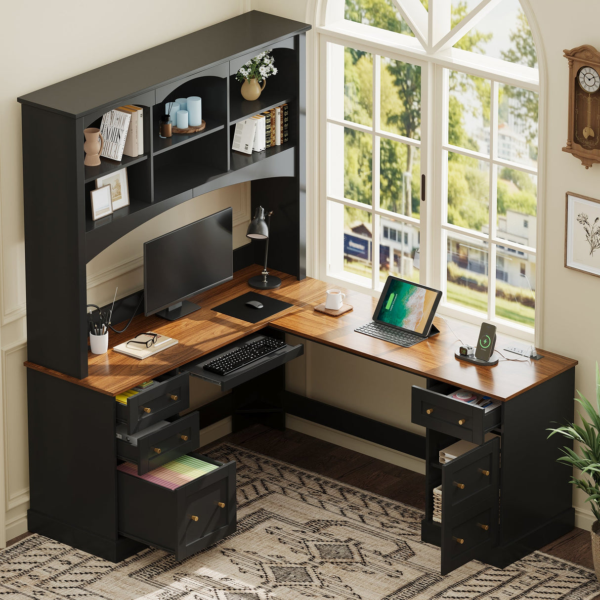 Space-Saving L-Shaped Computer Desk with Keyboard Tray & Charging Stations