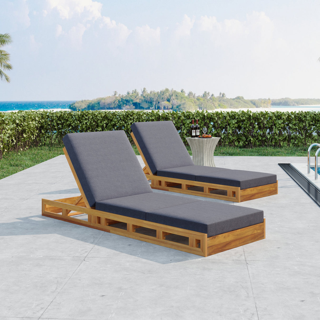 Lounge Chaise Set, Acacia Solid Wood with Lounge Cushion