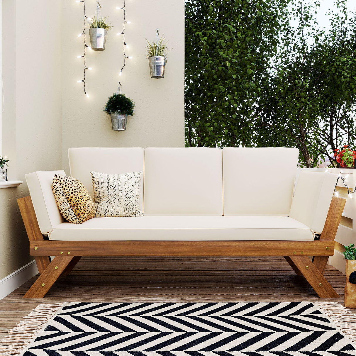 Topmax Outdoor Adjustable Patio Wooden Daybed Sofa Chaise Lounge with Cushions