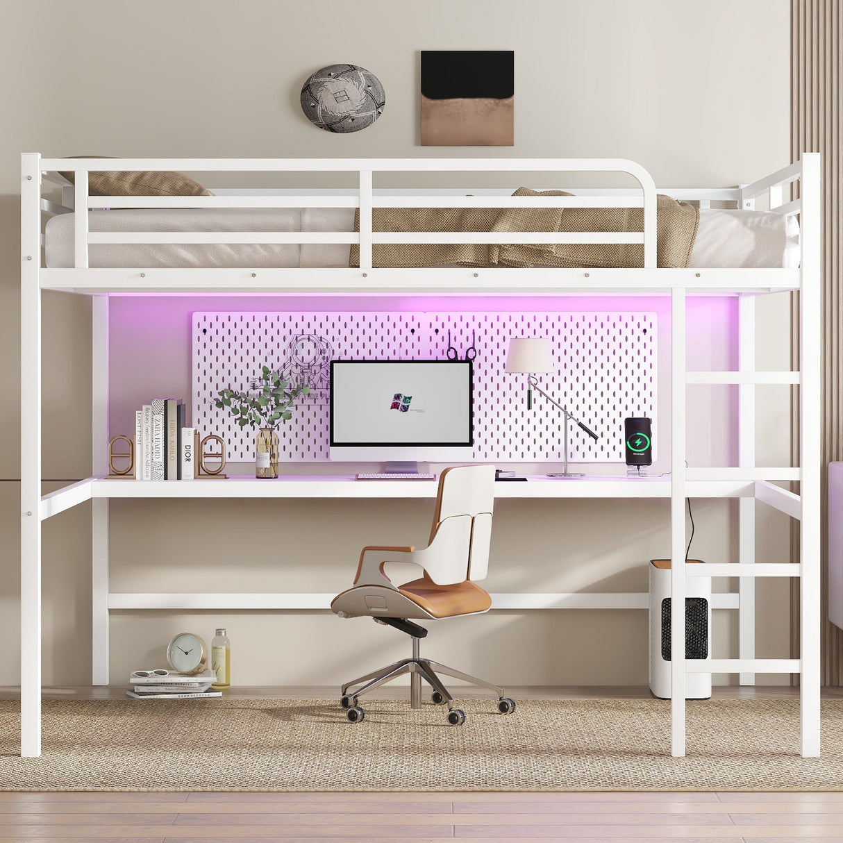 Metal Queen Size Loft Bed with Power Outlet and LED Lighted
