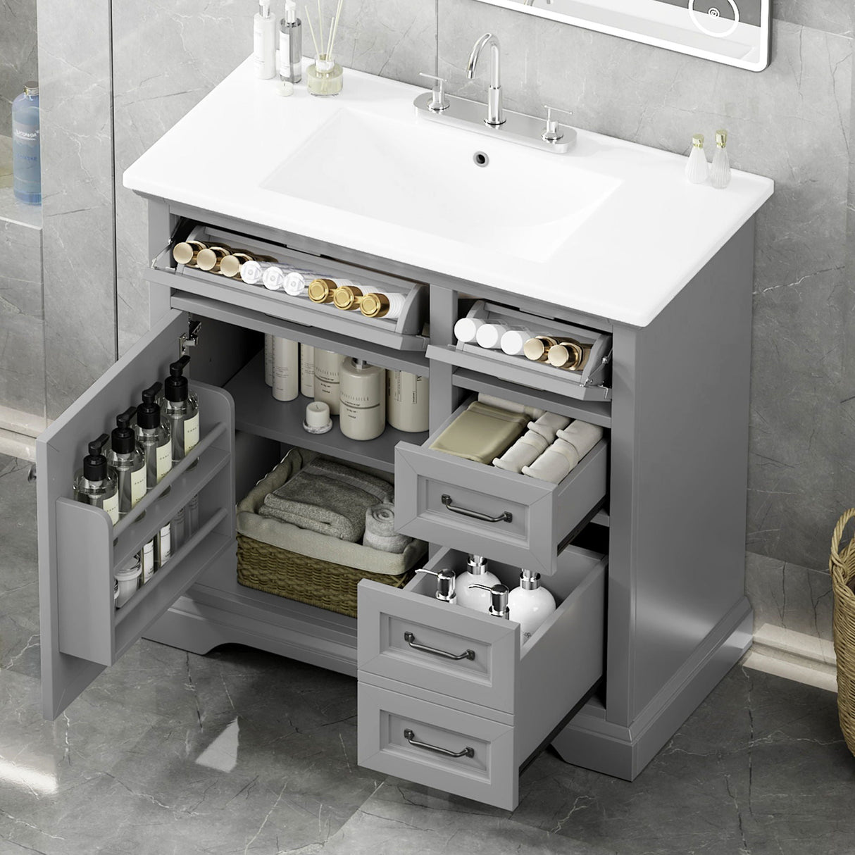 36" Bathroom Vanity With Sink, 2 Tip-Out Drawers, Soft Close Hinges