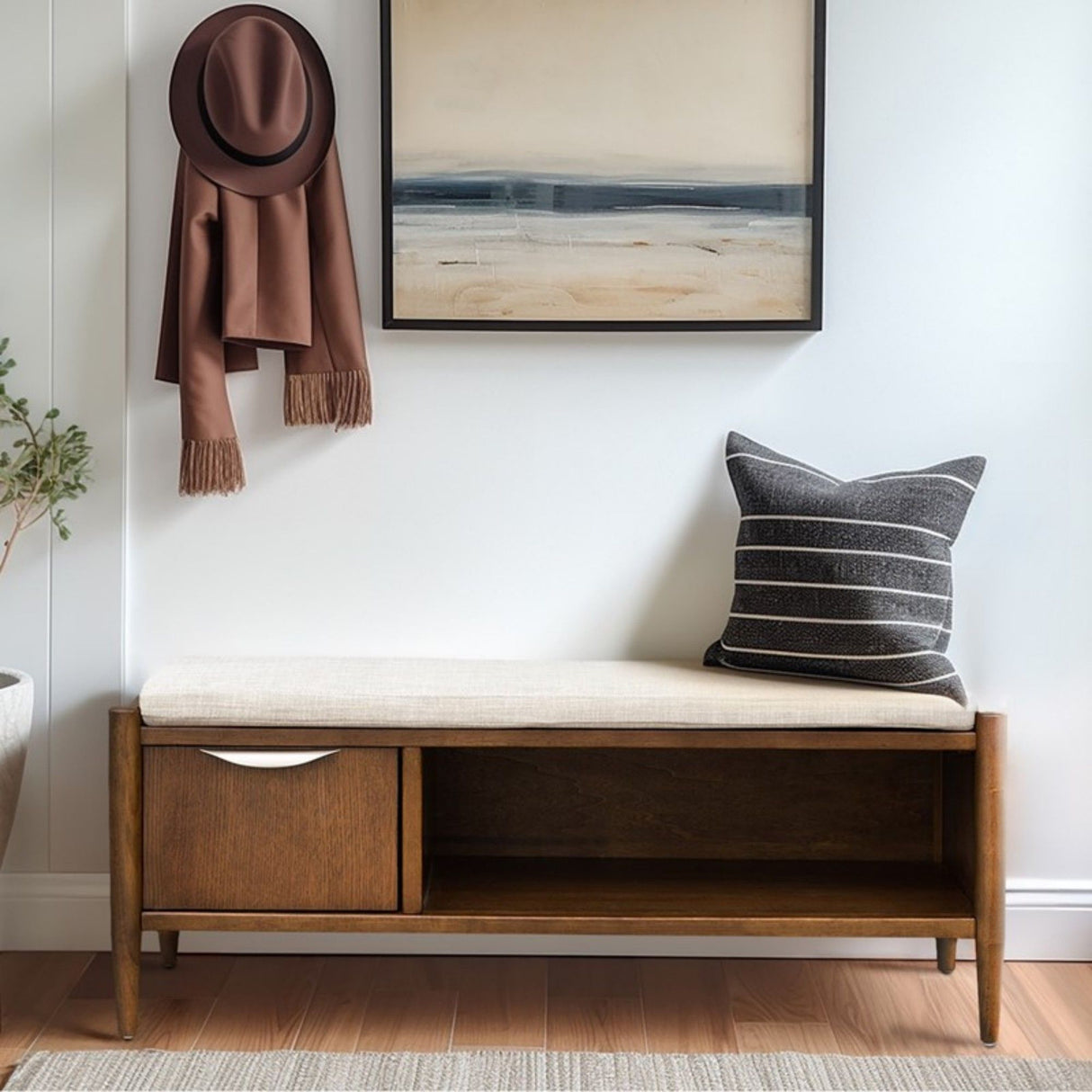 Accent Bench With Storage, Upholstered Cushion - Walnut Brown