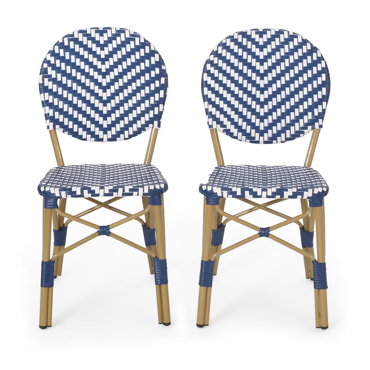 Outdoor Rattan And Aluminum French Armless Bistro Chairs Set - Navy Blue