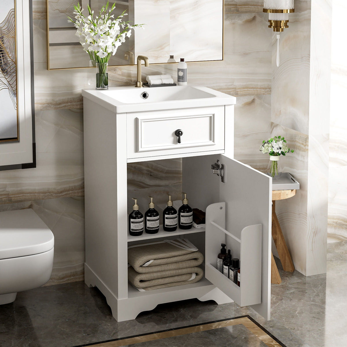 Elegant Bathroom Vanity With Ceramic Sink, Soft Close Door, Adjustable Shelf