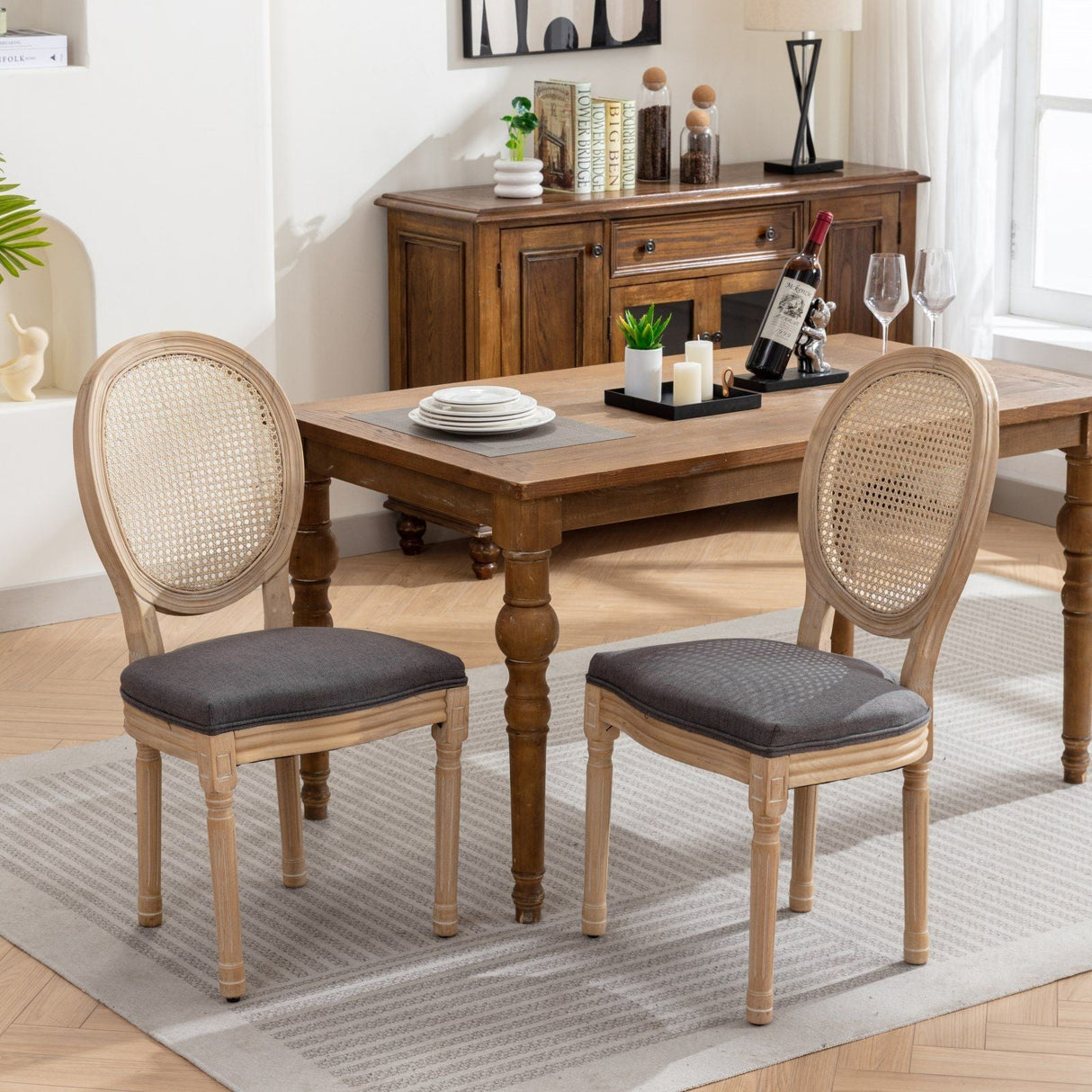 French Style Solid Wood Frame Antique Painting Fabric Rattan Back Dining Chair (Set of 2)