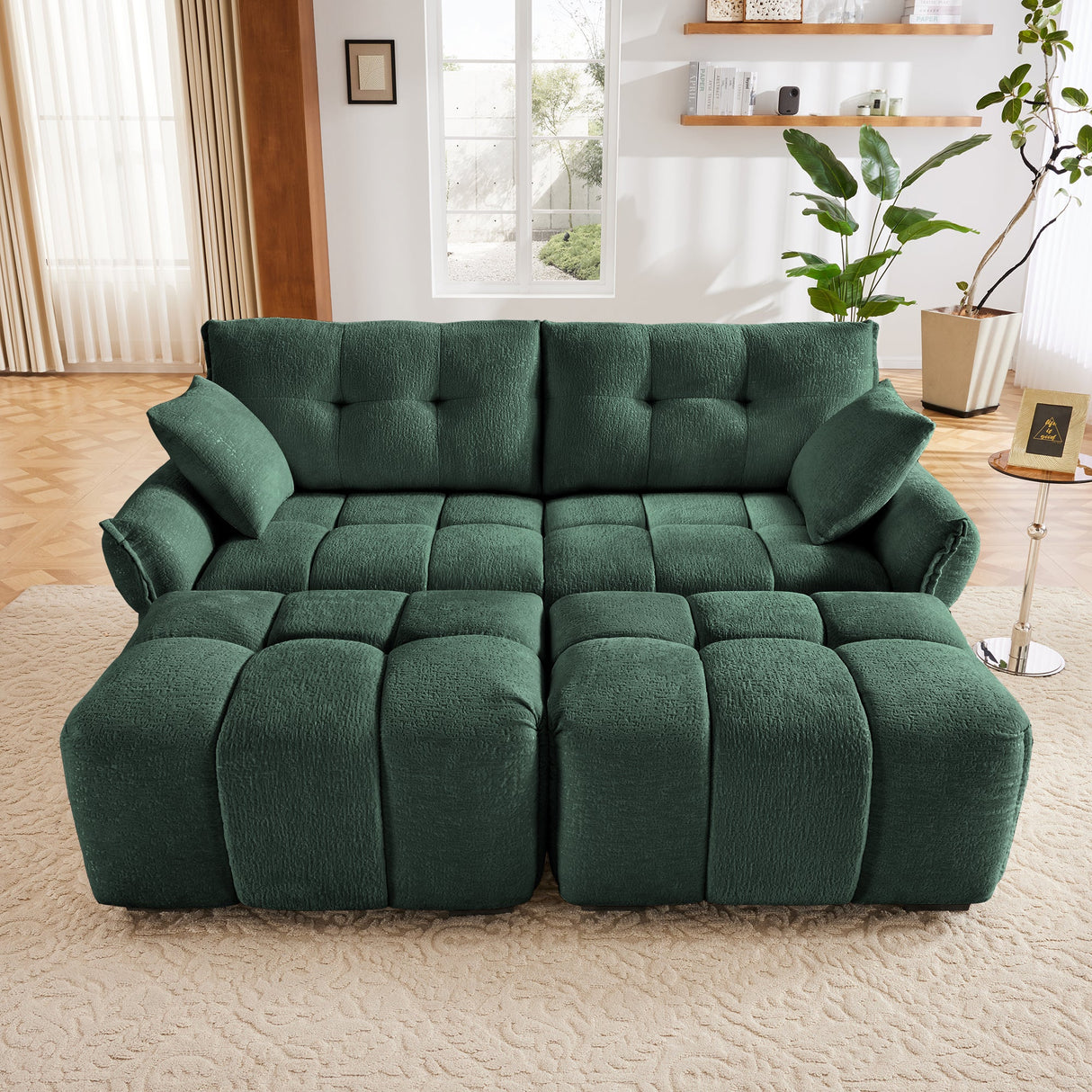 2 Seater Sofa Set With 2 Ottomans And Throw Pillows