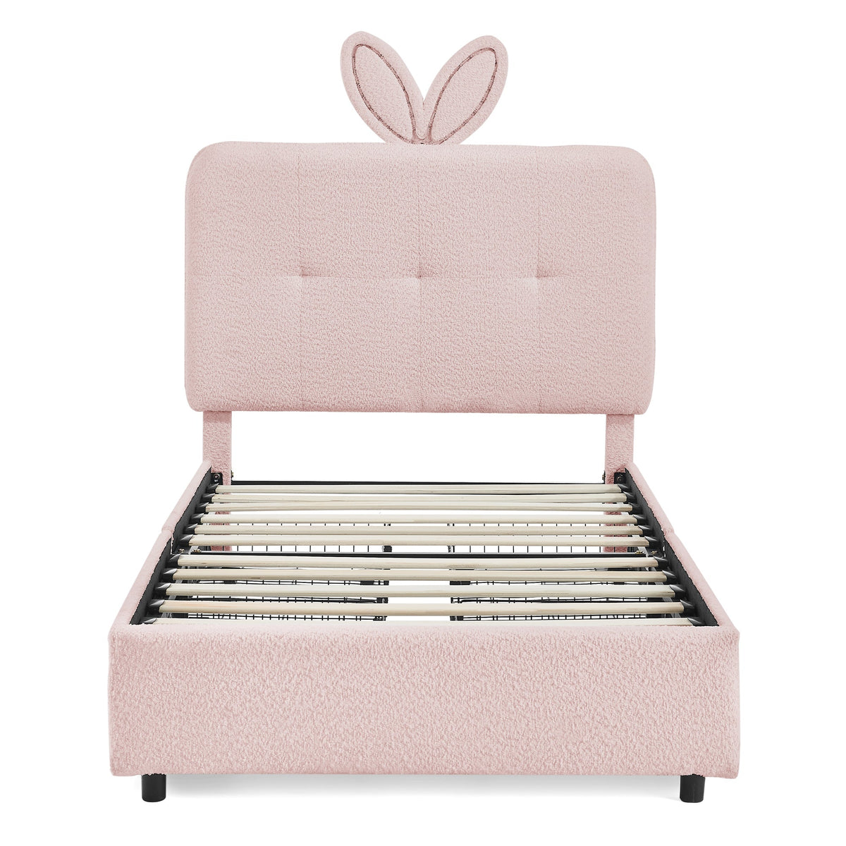 Twin Size Kids Upholstered Bed with Oversized Rabbit Ear Headboard, LED Light & 4 Storage Drawers, Boucle Fabric (79.5''X40.75''X41'')