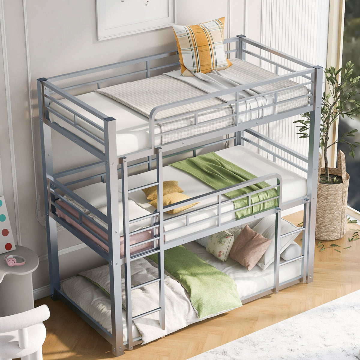 Triple Bunk Bed With Sturdy Construction And Space Saving Design