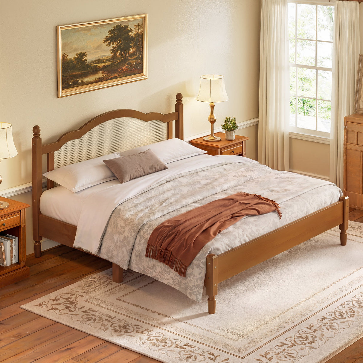 King Size Wooden Platform Bed with Rattan Headboard