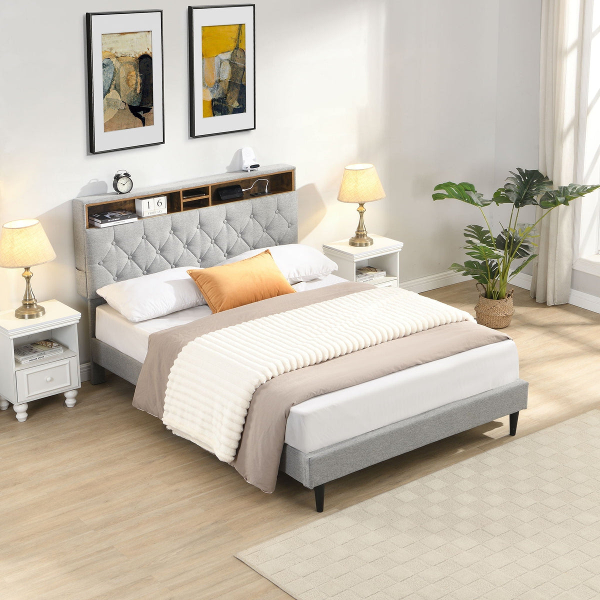 Modern Upholstered Platform Bed Frame With Button Tufted Headboard And USB Ports
