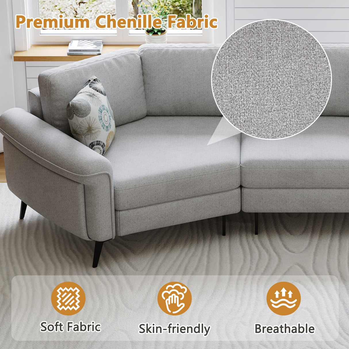 111" Upholstered 3-Seater Sofa with Curved Design and Two Printed Pillows
