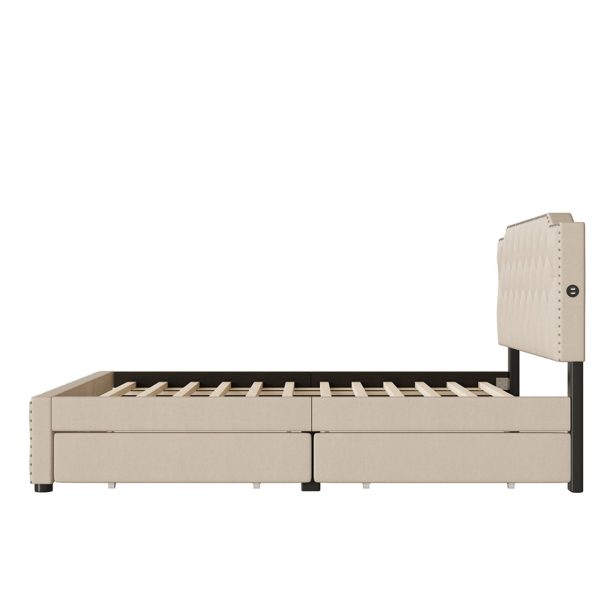 Upholstered Platform Bed With 2 Drawers And 2 Sets Of USB Ports On Each Side, Fabric