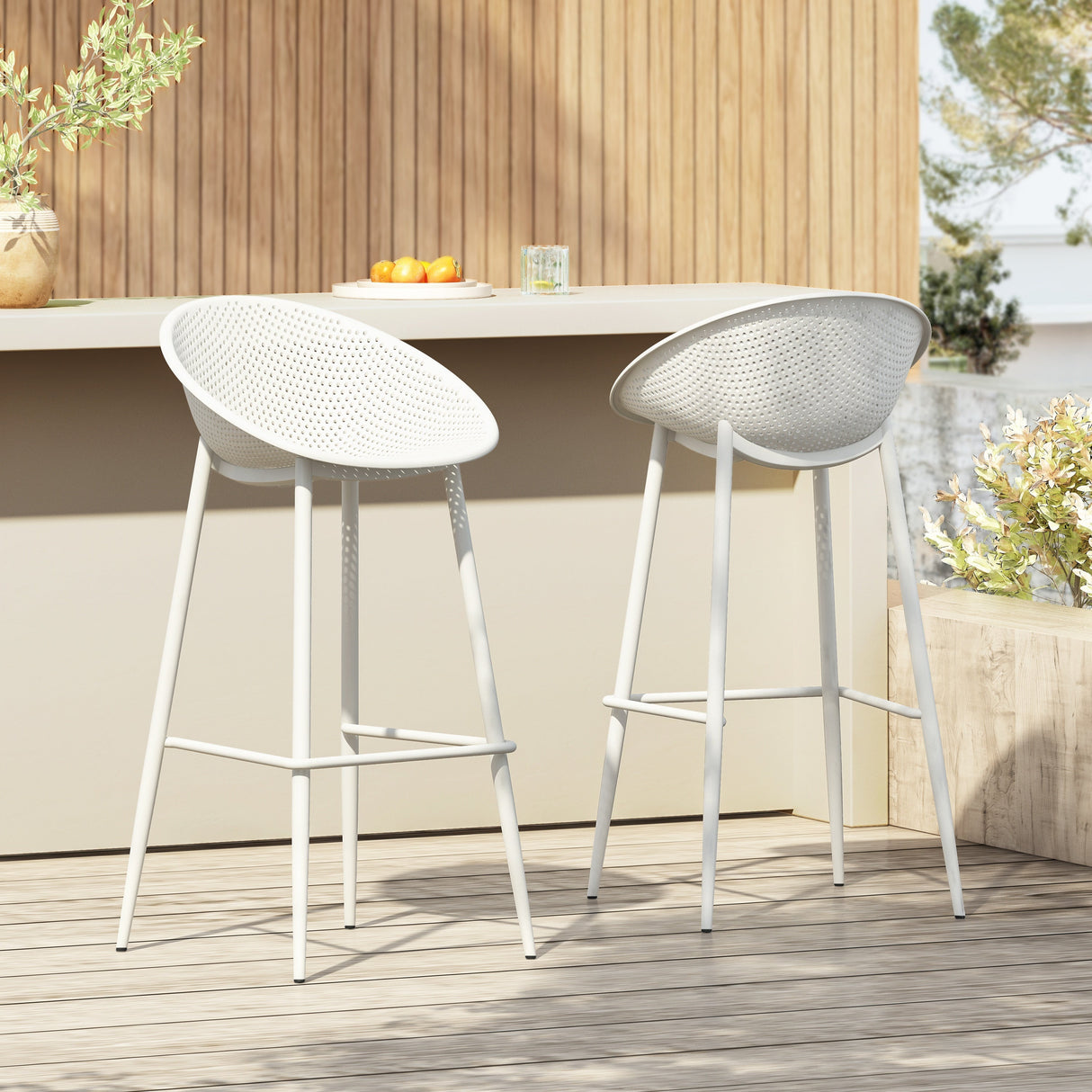 Modern Gable Outdoor Barstool Set of 2 in White