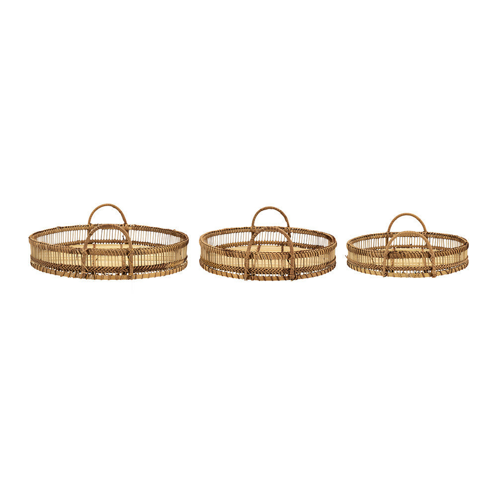 Set of 3 Round Decorative Brown Bamboo Woven Trays with Handles
