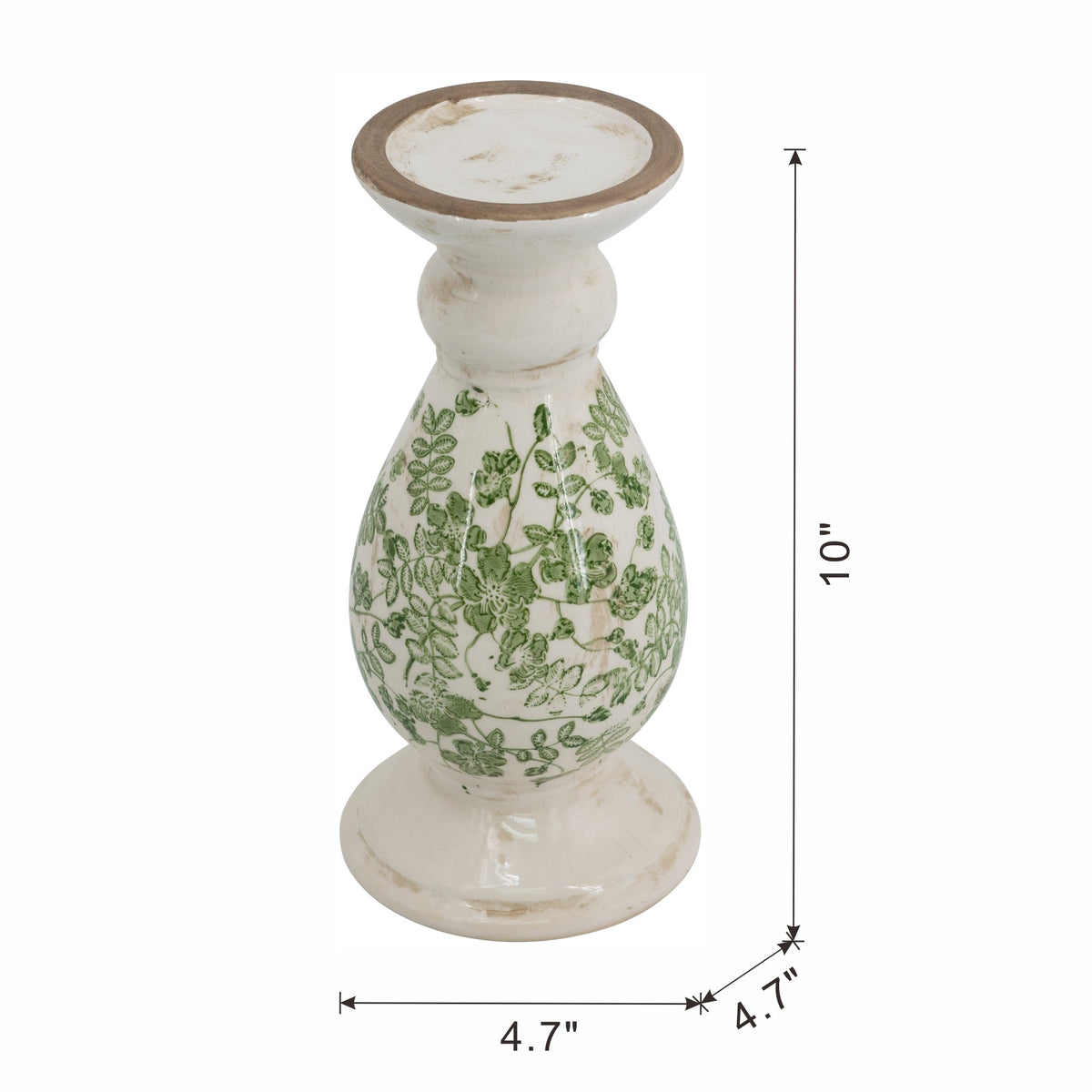 White Ceramic Candle Holder with Green Floral Patterns - 10" Height